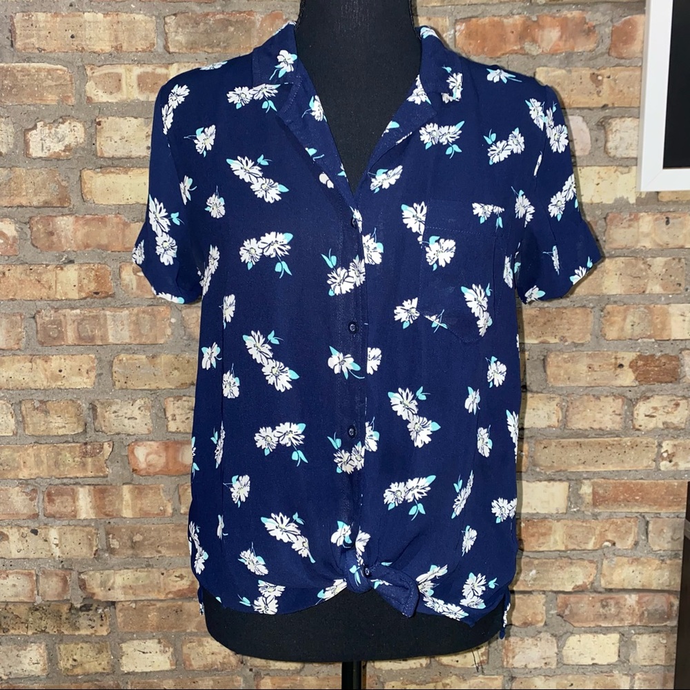 Tie-front Navy Floral Blouse